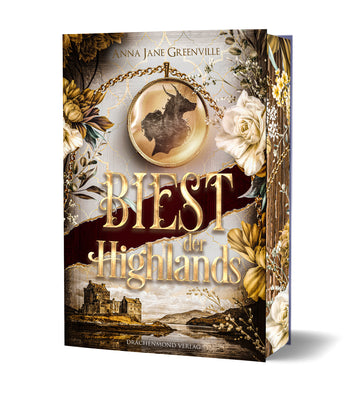 Das Cover zeigt in der unteren Hälfte den Titel des Buches. Oberhalb des Titels ist ein Medallion mit der Silhouette einer Frau und eines Biests. Unterhalb des Titels sieht man ein Schloss an einem See. Der Farbschnitt zeigt vergilbtes Pergament und verschiedene Blüten.